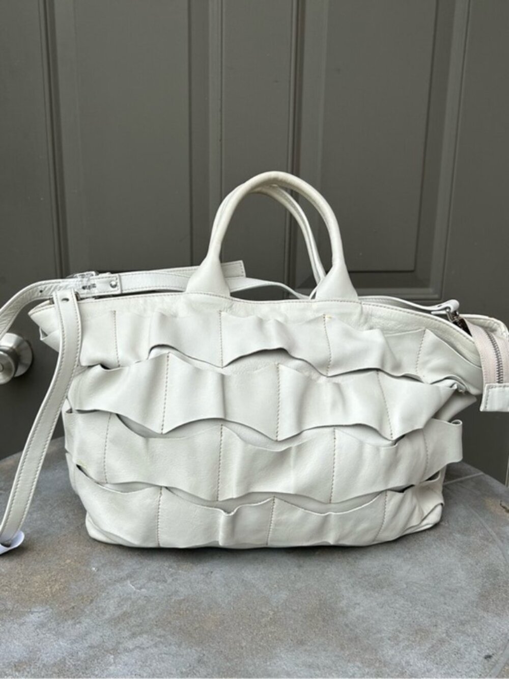 Iopelle Soft Genuine Leather Ruffle Tote Satchel Off White with Strap & Dust Bag